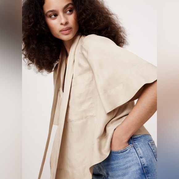 NWT Banana Republic Viscose-Linen Tie Neck Natural Beige Top Size XL - Picture 3 of 8